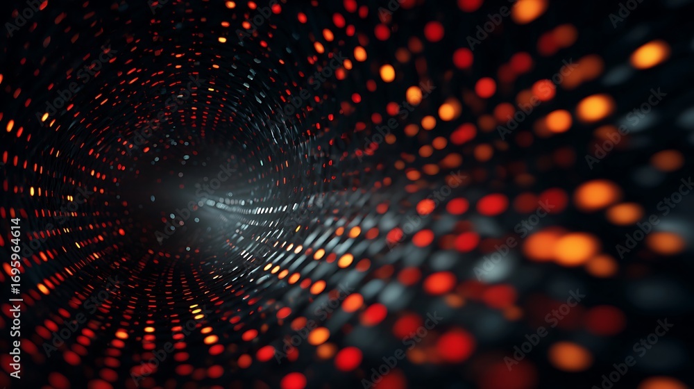Poster abstract tunnel of glowing red and orange dots, creating a sense of depth and movement, ideal for fu