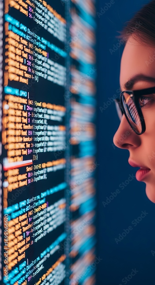 Poster programmer wearing glasses intently studies glowing lines of code on a digital screen