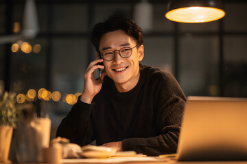 Smiling Asian man talking on the phone while working from home at night, freelance lifestyle