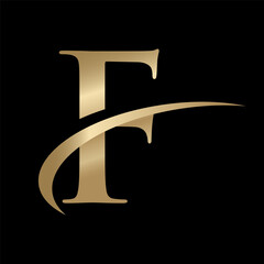 Golden Swooshing letter F Logo with Swoosh Graphic