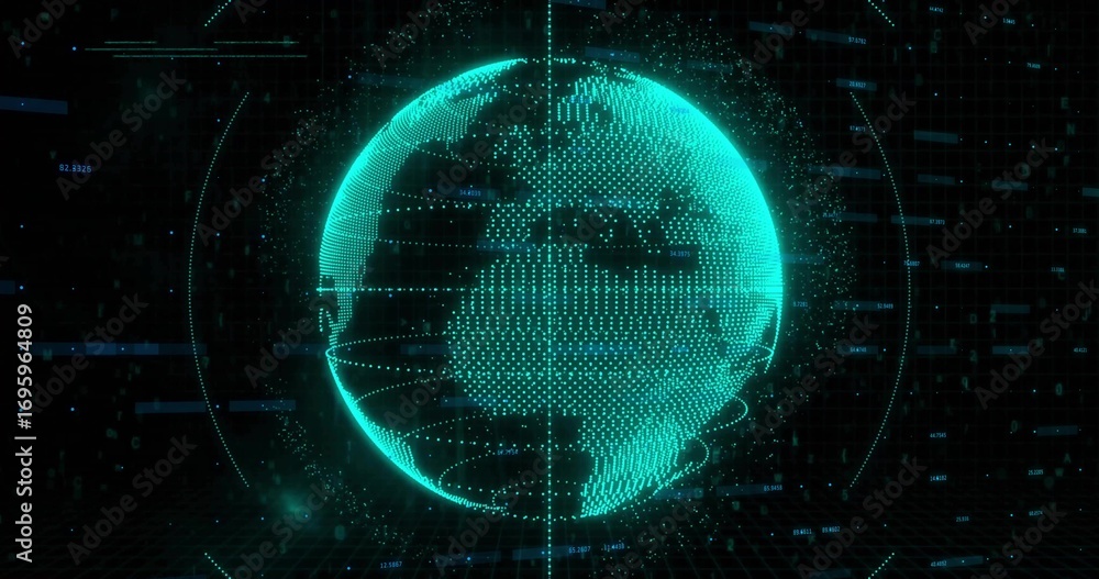 Poster floating holographic earth globe rotating in dark virtual space, with orbit lines and data streams