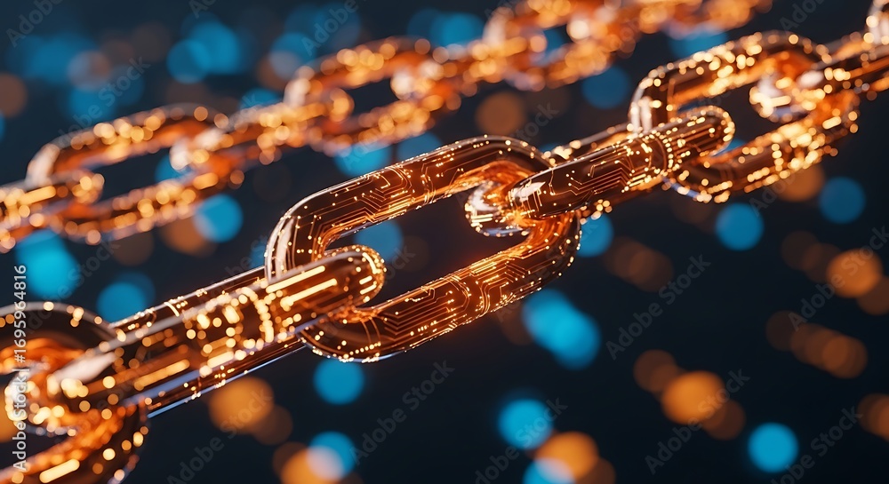 Poster golden blockchain links abstract digital network secure technology data concept