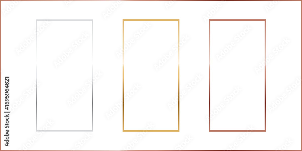 Poster gold, silver and bronze vertical rectangle thin frames. metal photo or picture frames isolated on tr