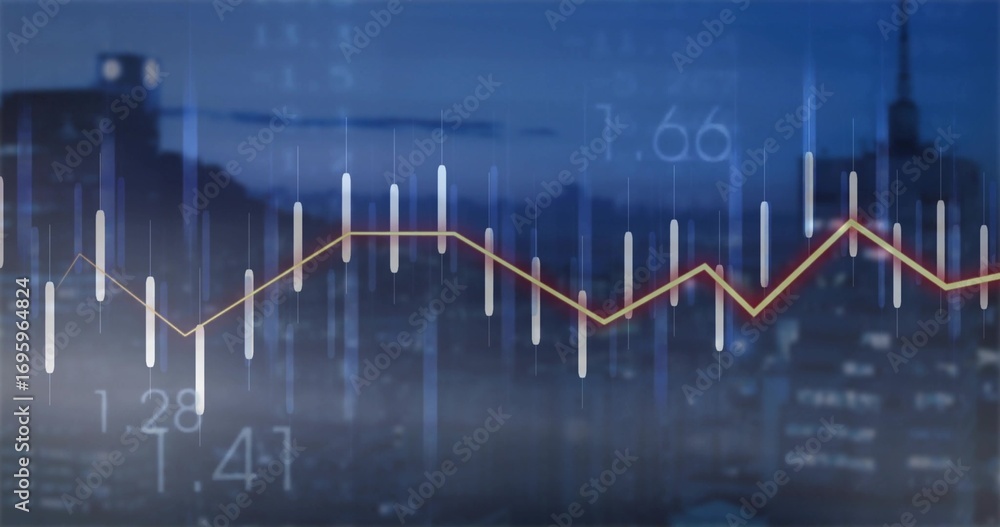 Poster overlaying chart on skyline at dusk, with candlestick bars, line graph, numeric labels gridlines