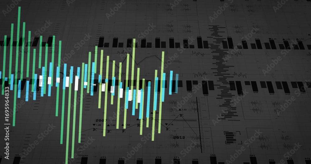 Poster Displaying colored bars forming waveform on grid background, with line traces and numeric labels