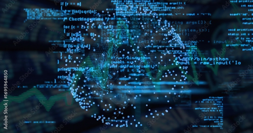 Aufkleber streaming holographic globe and code fragments in dashboard, showing data clusters and green graph