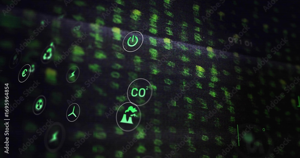 Aufkleber floating cluster of green circular icons drifting across computer dashboard, showing energy data
