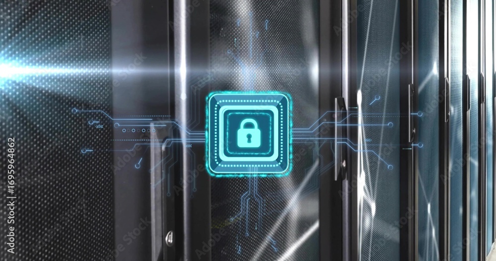Aufkleber projecting blue padlock icon sending circuit lines over server racks with led lights at data center