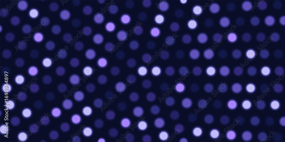 Poster Glowing blue halftone dot background. Bright circular lights grid on dark. Futuristic and vibrant texture pattern. Geometric minimal digital design. Abstract vector illustration.