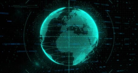 Floating holographic Earth globe rotating in dark virtual space, with orbit lines and data streams