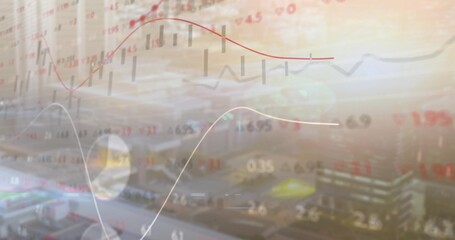 Displaying financial data overlay over apron with vehicles, candlestick bars and red trend lines