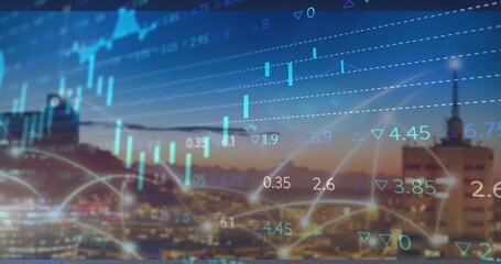 Displaying dusk city skyline at downtown vantage, with digital candlestick charts and network arcs