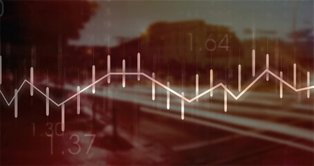 Overlaying financial chart over blurred street, with zebra crossing, guardrail, vehicles and trees