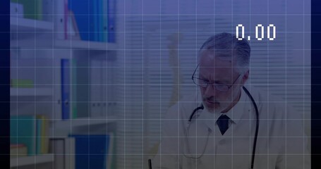 Writing male doctor recording patient notes at clinic desk, with pen stethoscope spine, copy space