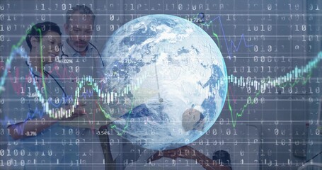Semi-transparent 3D globe rotating in sleek office space, with floating binary code and line charts