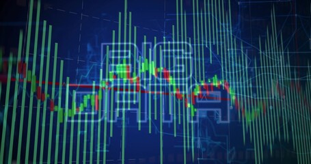Showing financial chart on screen, with green bars, red pale graphs, navy grid, Chinese overlays