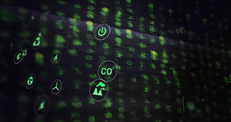 Floating cluster of green circular icons drifting across computer dashboard, showing energy data