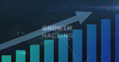 Displaying gradient bars with upward arrow on blue interface, showing markers and GROWTH HACKING