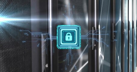 Projecting blue padlock icon sending circuit lines over server racks with LED lights at data center