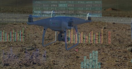 Hovering quadcopter drone sending data over dry desert field, with numerical tables and bar graphs