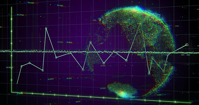 Digital data visualization featuring neon green line chart and colorful point cloud globe on screen