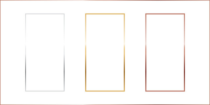 Gold, silver and bronze vertical rectangle thin frames. Metal photo or picture frames isolated on transparent background. Simple object mockup. 3d realistic empty template vector illustration set.
