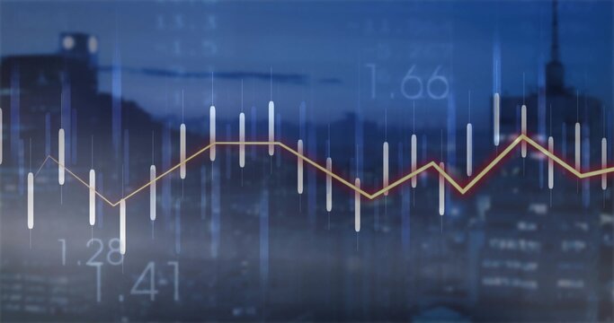 Overlaying chart on skyline at dusk, with candlestick bars, line graph, numeric labels gridlines