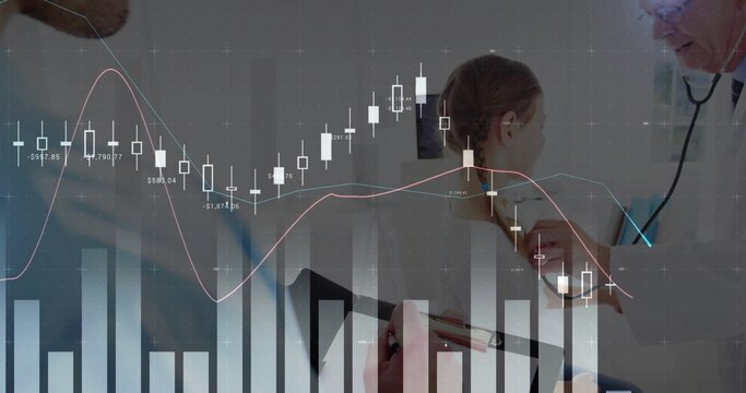 Examining patient with braided hair in exam room with stethoscope and financial chart overlay - Powered by Adobe
