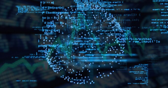 Streaming holographic globe and code fragments in dashboard, showing data clusters and green graph