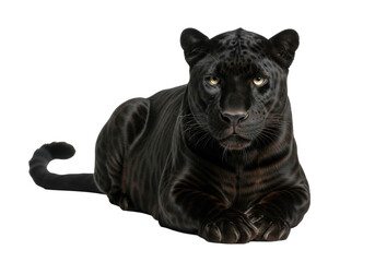 Fototapeta premium A majestic adult coal-black panther with gleaming fur and slitted golden eyes, posed powerfully on a transparent studio background with copy space, untamed power concept
