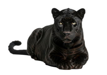 A majestic adult coal-black panther with gleaming fur and slitted golden eyes, posed powerfully on a transparent studio background with copy space, untamed power concept