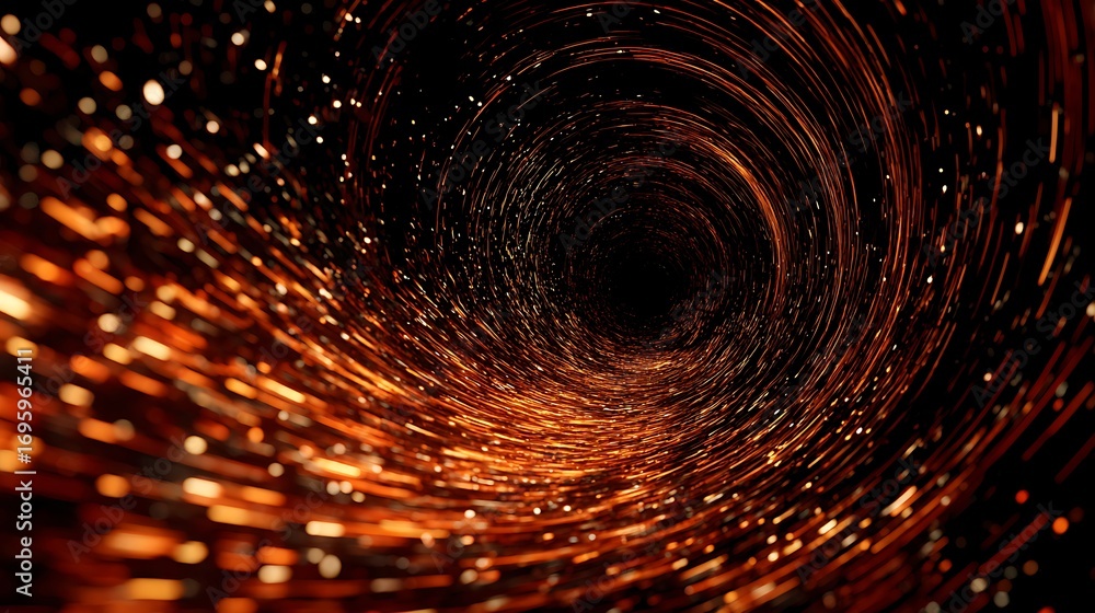 Poster abstract spiral tunnel of orange glowing particles and light rays, creating a mesmerizing and dynami