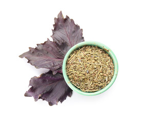 Fresh purple basil leaves and bowl of spices on white background