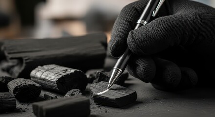 Fototapeta premium Hand in Black Glove Drawing Line on Charcoal with Pen
