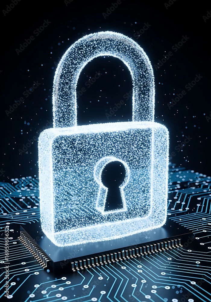 Poster digital padlock hologram securing futuristic circuit board data security concept