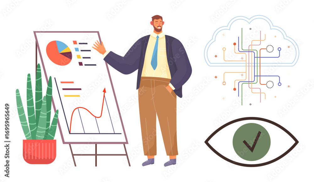 Poster businessman standing by charts and graphs, neural cloud network and eye verification concepts in des
