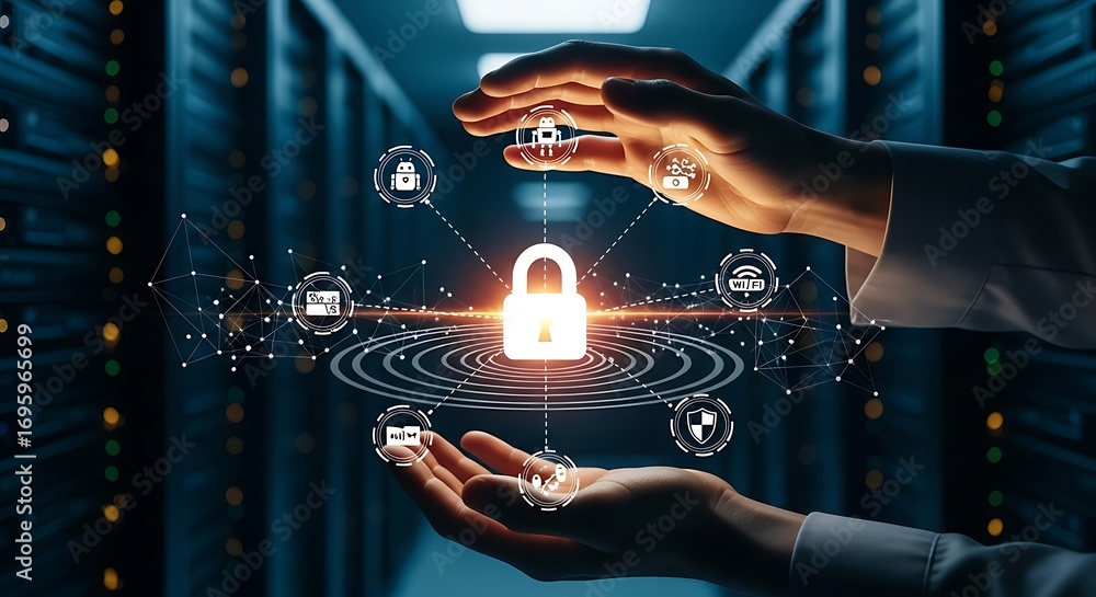 Poster hands holding digital security network with glowing lock and server room background