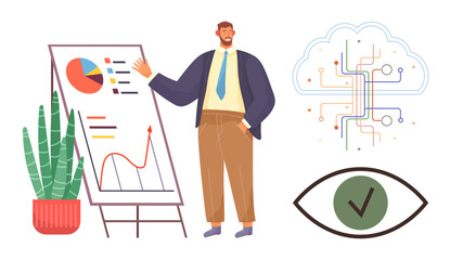 Businessman standing by charts and graphs, neural cloud network and eye verification concepts in design. Ideal for data analysis, AI innovation, business trends, leadership, decision-making, digital