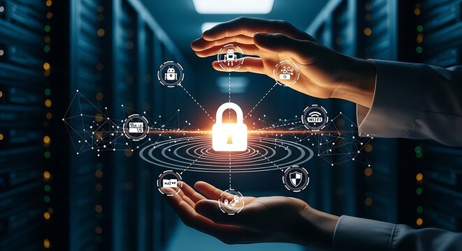 Hands holding digital security network with glowing lock and server room background