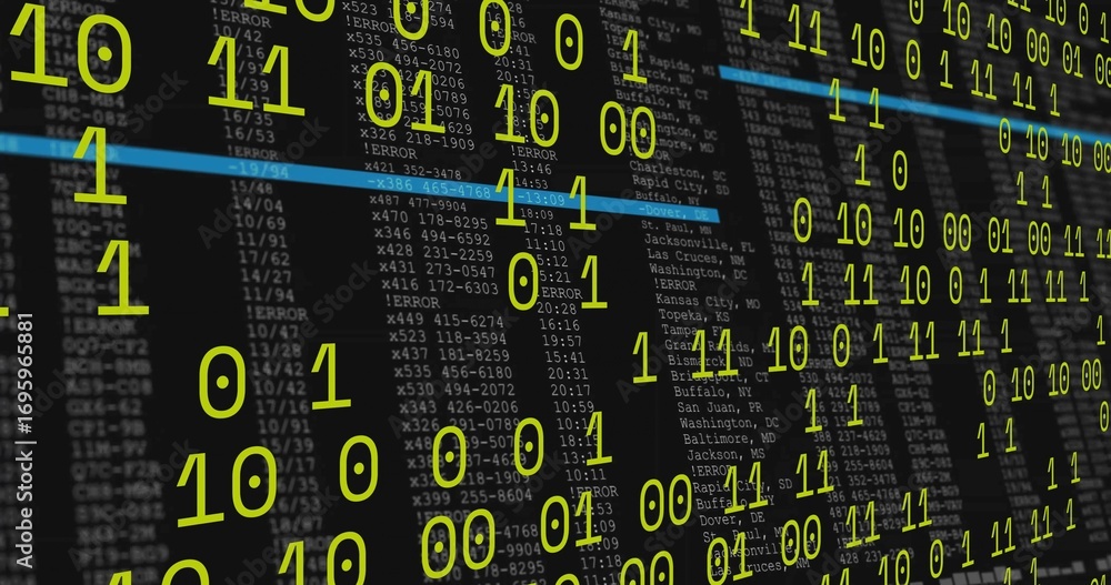 Poster displaying neon-green binary digits floating over console error log screen, with blue highlight bar