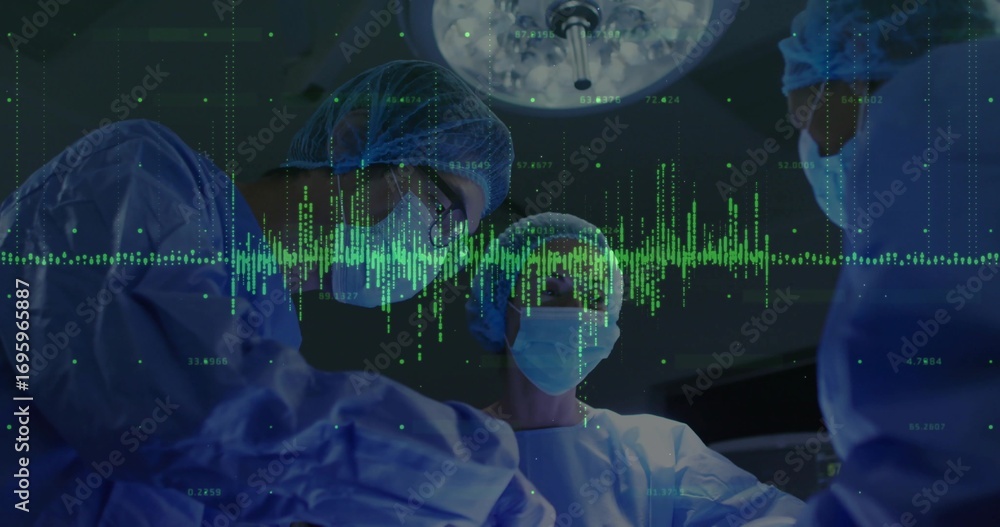 Poster operating team in blue gowns and masks working in operating room, with green waveform overlay