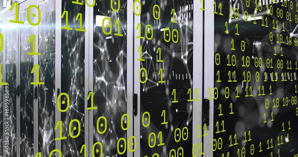 Poster glowing server cabinets displaying network graphic in data center room, with binary code overlay