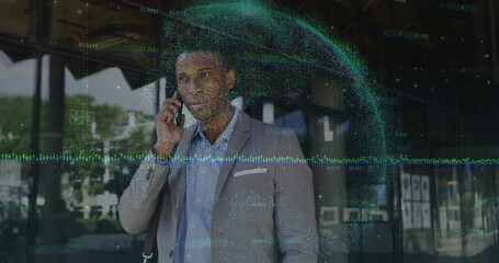 Man in suit holding smartphone and wearing shoulder bag outside glass facade, digital data overlay