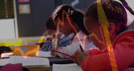 Leaning girl in sweater writing in notebook at school, with smartphone and textbooks, copy space