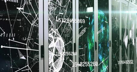 Displaying server racks with glass doors projecting network overlays in data center, showing codes