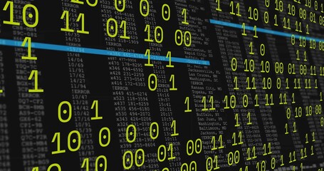 Displaying neon-green binary digits floating over console error log screen, with blue highlight bar