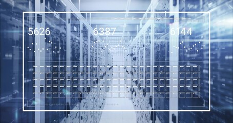 Leading central aisle extending in data center, with server racks cables lights digital overlay