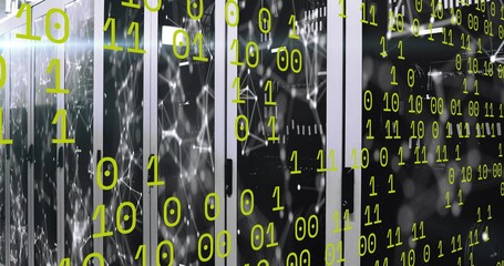 Glowing server cabinets displaying network graphic in data center room, with binary code overlay