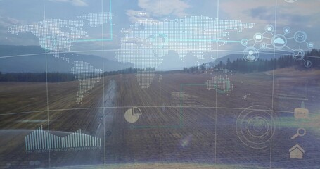 Displaying plowed field bisected by dirt track at forest edge, with HUD overlays, network elements