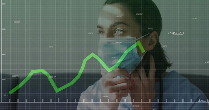 Adjusting mask strap woman in blue scrubs at data grid, with stethoscope, green chart, copy space
